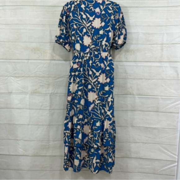 Knox Rose Blue Floral V Neck Wrap Tiered Hem Long Dress - Picture 8 of 13